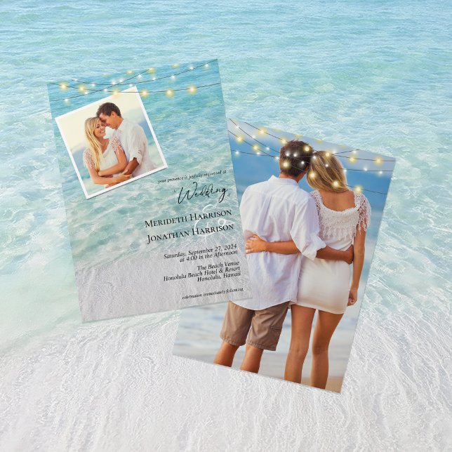 Invitación Elegante playa de 2 Fotografías Seaside String Lig (Front and back)