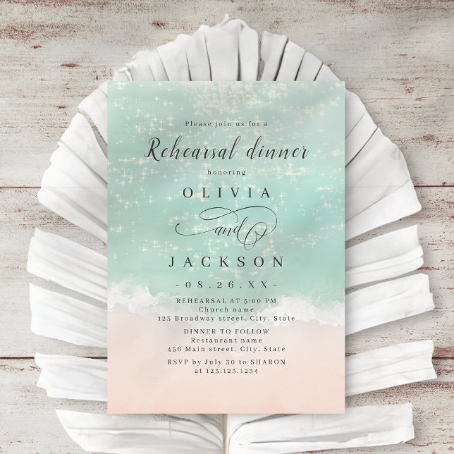 Invitación Elegante playa de mar brillante ensayar Cena (Elegant sparkling ocean beach Rehearsal Dinner Invitation)