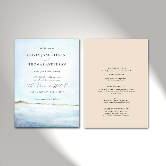Invitación Elegante playa moderna de acuarela, todo en un Bod (Subido por el creador)