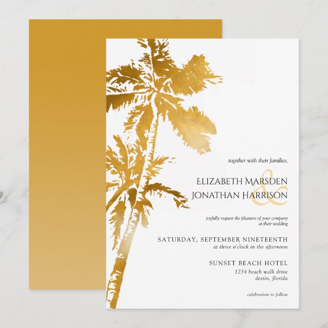 Invitación Elegante Playa Palm Trees Tropical de Oro (Anverso / Reverso)