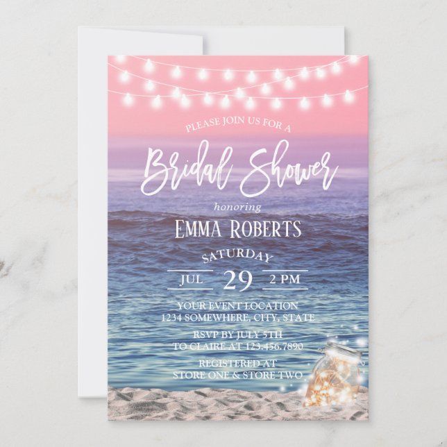 Invitación Elegante playa rosa Mason Jar Luces Bridal Shower (Anverso)