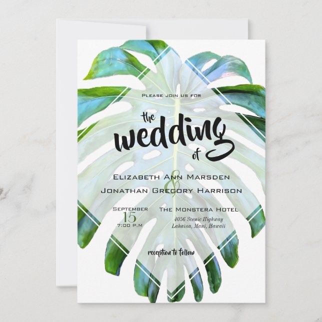 Invitación Elegante playa tropical Boda Monstera Leaf (Anverso)