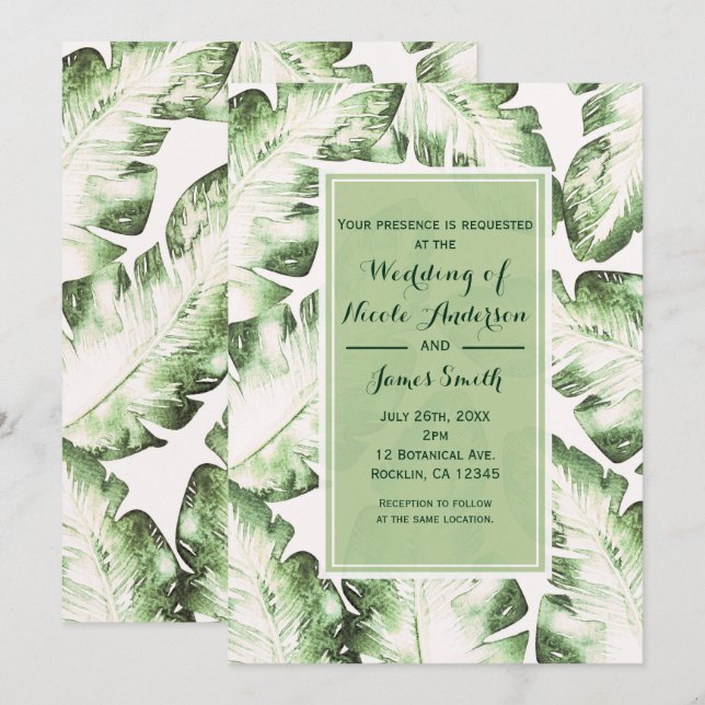 Invitación Elegante playa tropical verde blanco deja Boda (Anverso / Reverso)