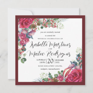 Invitación Elegante Plaza Boda de Navidades Florales Blancas 