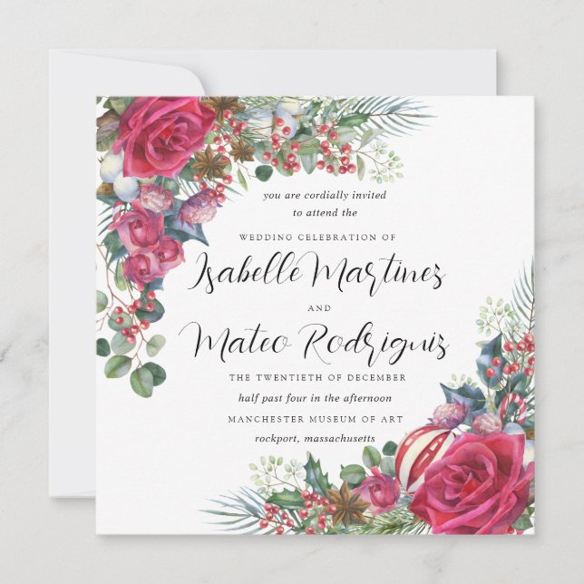 Invitación Elegante Plaza Boda de Navidades Florales Blancas  (Anverso)