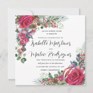 Invitación Elegante Plaza Boda de Navidades Florales Blancas 
