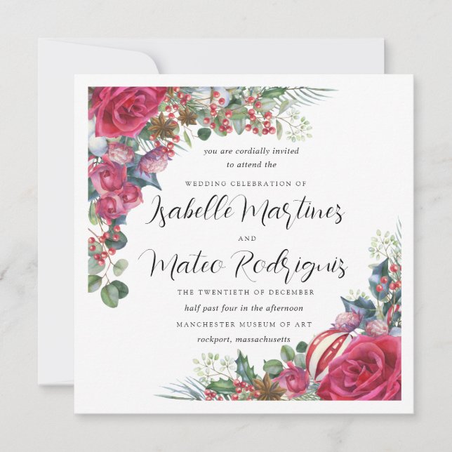 Invitación Elegante Plaza Boda de Navidades Florales Blancas  (Anverso)