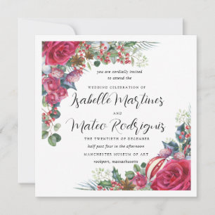 Invitación Elegante Plaza Boda de Navidades Florales Blancas 
