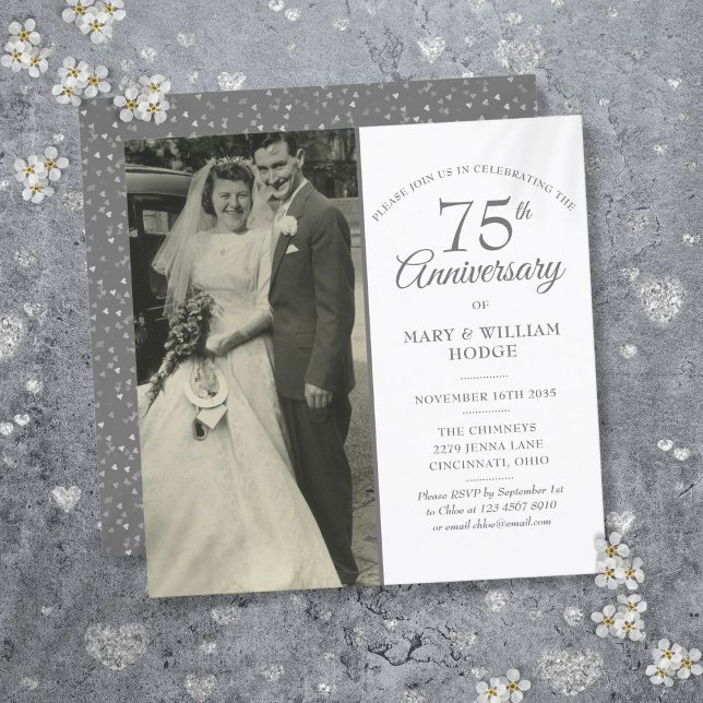 Invitación Elegante Plaza Boda en el 75° aniversario (Elegant 75th Anniversary Wedding Photo Square Invitation)