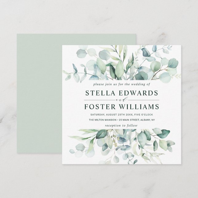 Invitación Elegante Plaza Boda Verde Foliage (Anverso / Reverso)