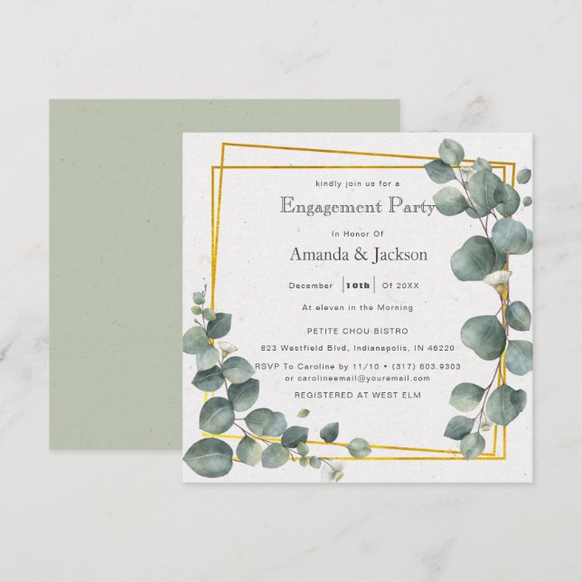 Invitación Elegante Plaza del Partido de Compromiso Eucalyptu (Anverso / Reverso)