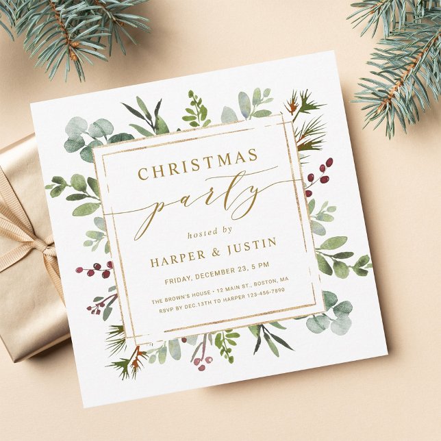 Invitación Elegante Plaza Fiesta de Navidades de oro botánico (Subido por el creador)