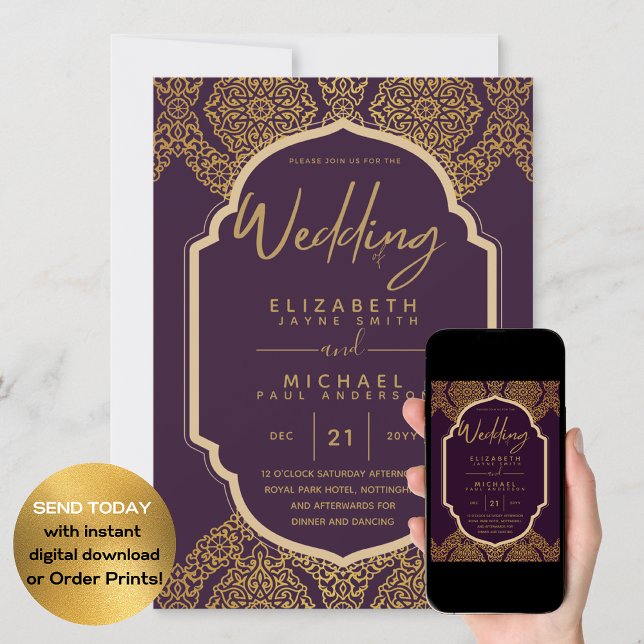 Invitación Elegante Plum Berry Gold Ornate Boda (Subido por el creador)