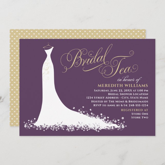 Invitación Elegante Plum Gold Boda Gown Bridal Tea Ducha (Anverso / Reverso)