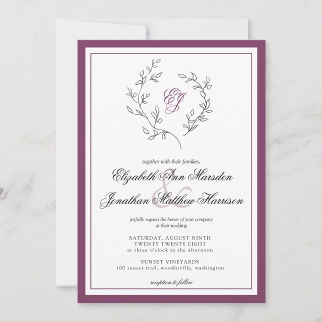 Invitación Elegante Plum Photo Monograma QR Wreath (Anverso)