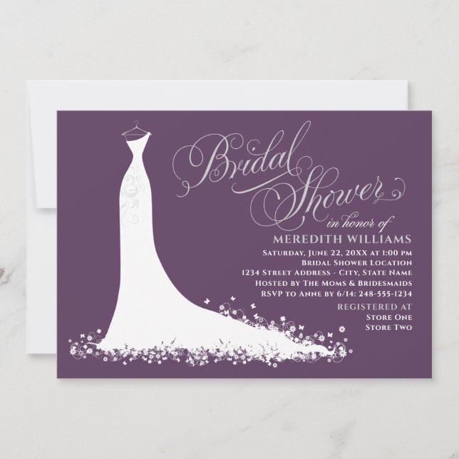 Invitación Elegante Plum Plata Boda Gown Bridal Shower (Anverso)