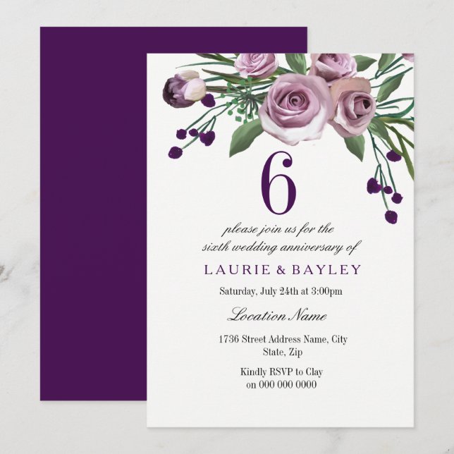 Invitación Elegante Plum Purple 6º Aniversario Boda Invitado (Anverso / Reverso)