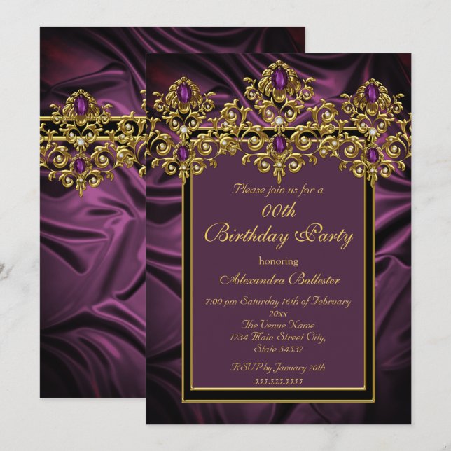 Invitación Elegante Plum Purple Birthday Party Seda Gem Gold (Anverso / Reverso)
