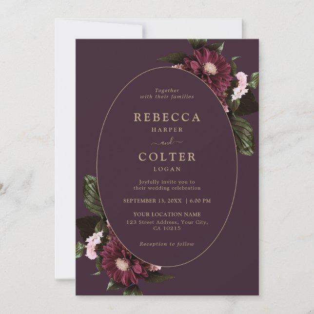 Invitación Elegante Plum Purple Burgundy Boda Floral (Anverso)