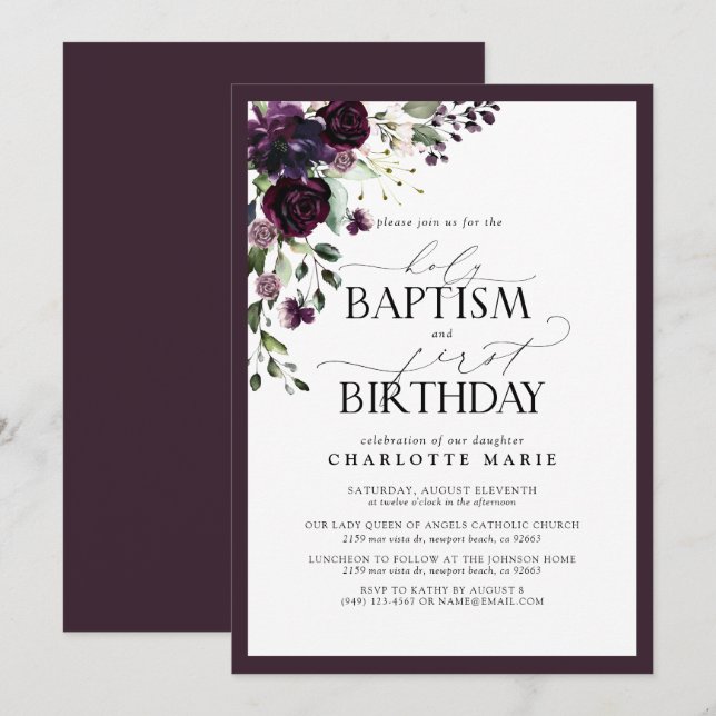 Invitación Elegante Plum Purple Floral Baptismo 1er cumpleaño (Anverso / Reverso)
