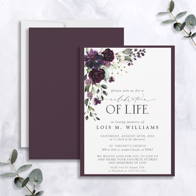 Invitación Elegante Plum Purple Floral Celebración de la Vida (Subido por el creador)