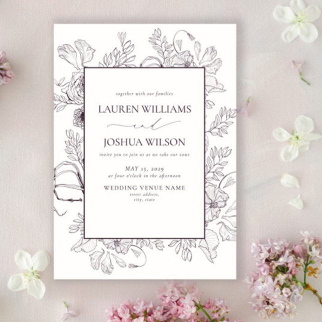 Invitación Elegante Plum Purple Floral Line Boda (Subido por el creador)