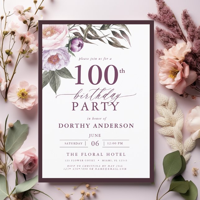 Invitación Elegante Plum Purple Floral Script 100 cumpleaños (Subido por el creador)