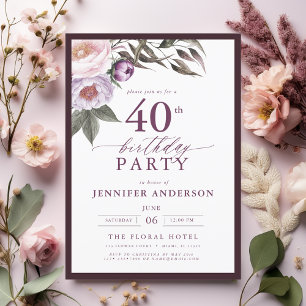 Invitación Elegante Plum Purple Floral Script 40 cumpleaños