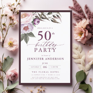 Invitación Elegante Plum Purple Floral Script 50 cumpleaños