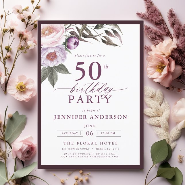 Invitación Elegante Plum Purple Floral Script 50 cumpleaños (Subido por el creador)