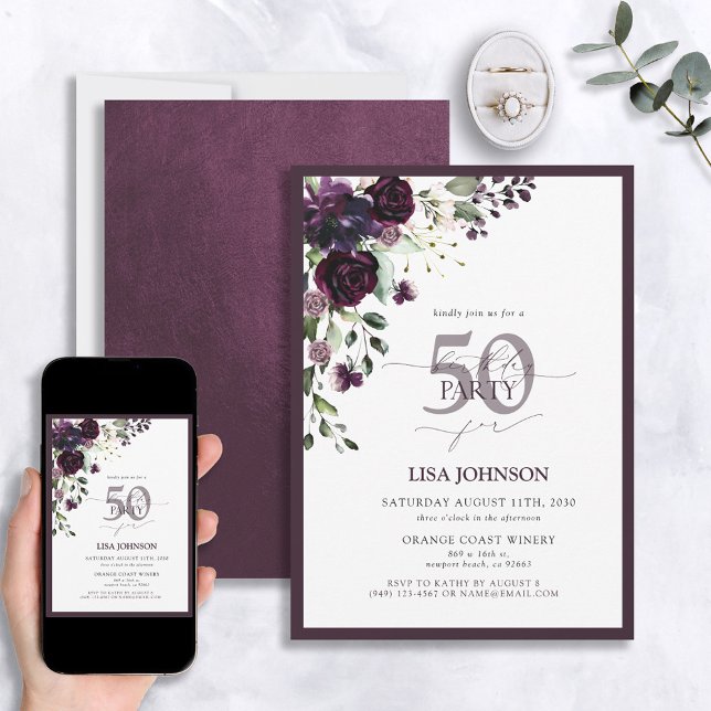 Invitación Elegante Plum Purple Floral Script 50 cumpleaños (Subido por el creador)