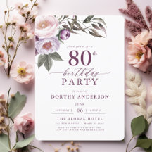 Elegante Plum Purple Floral Script 80 cumpleaños