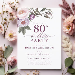 Invitación Elegante Plum Purple Floral Script 80 cumpleaños