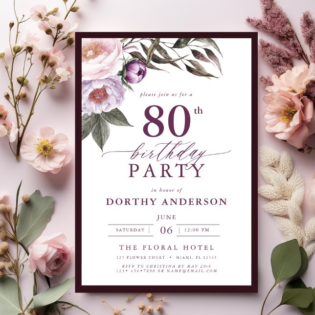 Invitación Elegante Plum Purple Floral Script 80 cumpleaños (Subido por el creador)