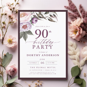 Invitación Elegante Plum Purple Floral Script 90 cumpleaños