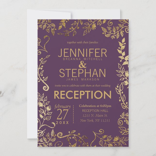 Invitación Elegante Plum Purple Gold Floral Wedding (Anverso)