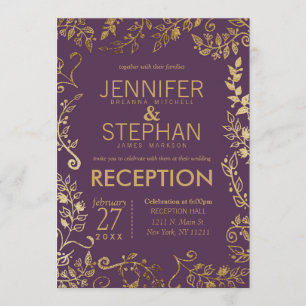 Invitación Elegante Plum Purple Gold Floral Wedding