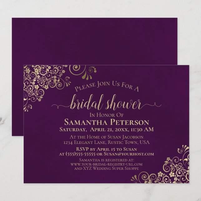 Invitación Elegante Plum Purple & Gold Frilly Bridal Shower (Anverso / Reverso)