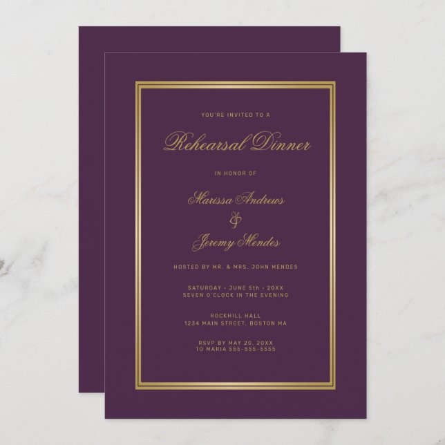 Invitación Elegante Plum Purple Gold Script Ensayo Cena (Anverso / Reverso)