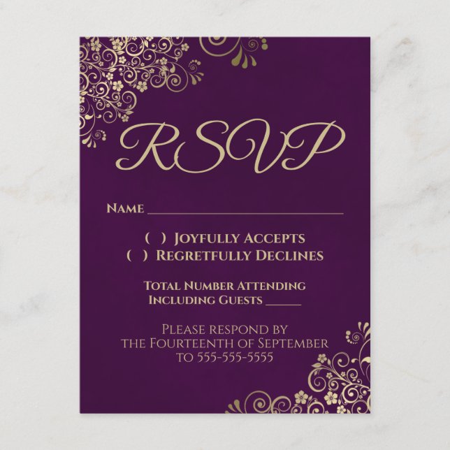 Invitación Elegante Plum Purple & Gold Wedding RSVP por teléf (Anverso)