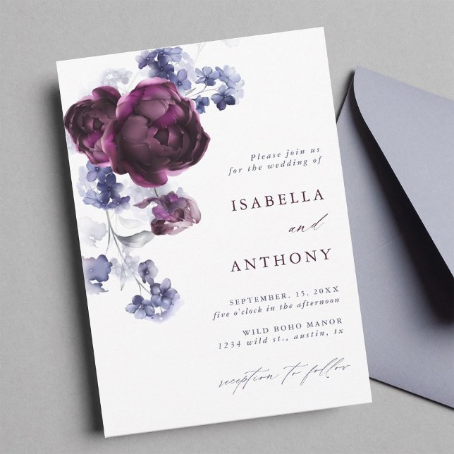 Invitación Elegante Plum Purple & Indigo Blue Floral Boda (Subido por el creador)