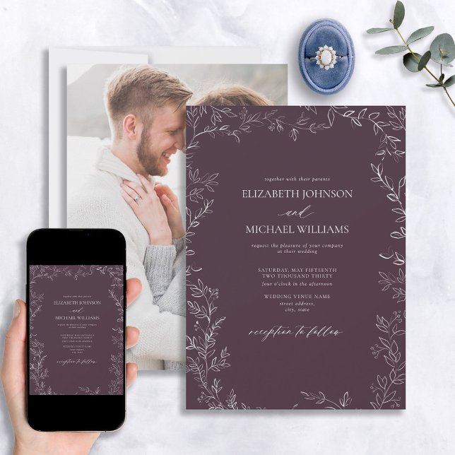 Invitación Elegante Plum Purple Minimal Leaf Boda de fotograf (Subido por el creador)
