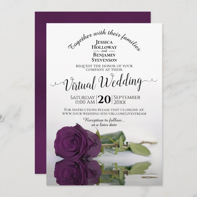Invitación Elegante Plum Purple Romántico Rosa Boda virtual (Anverso / Reverso)