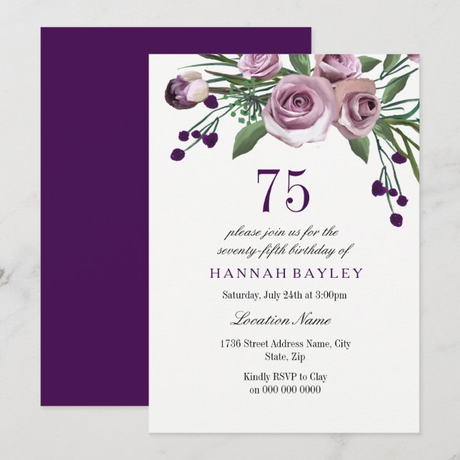 Invitación Elegante Plum Purple Rosa 75º cumpleaños Invitació (Anverso / Reverso)