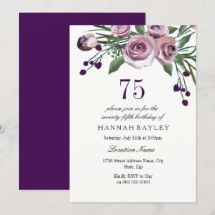 Invitación Elegante Plum Purple Rosa 75º cumpleaños Invitació