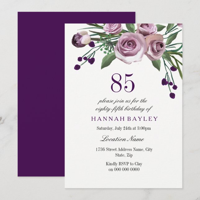 Invitación Elegante Plum Purple Rosa 85º cumpleaños Invitació (Anverso / Reverso)