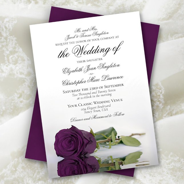 Invitación Elegante Plum Purple Rosa Boda formal (In Situ Front and Back)