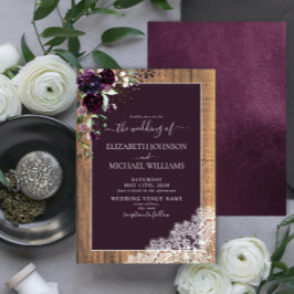 Invitación Elegante Plum Purple Rustic Wood Script Boda