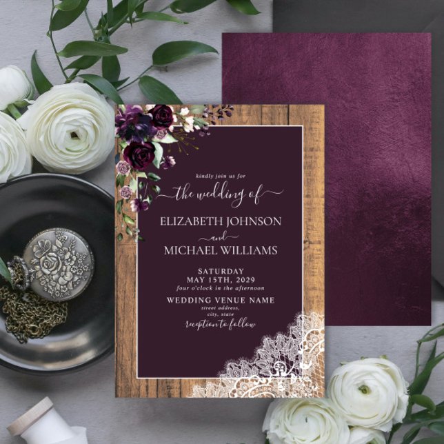 Invitación Elegante Plum Purple Rustic Wood Script Boda (Subido por el creador)