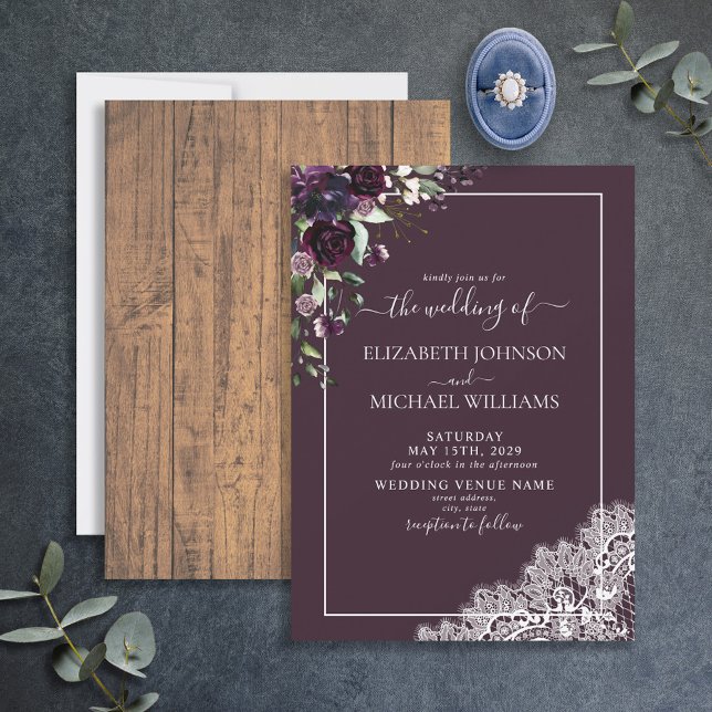 Invitación Elegante Plum Purple Rustic Wood Script Boda (Subido por el creador)